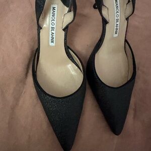 Manolo Blahnik Carolyne Low Heel Women's Slingback Pumps Black Glitter EU 35.5